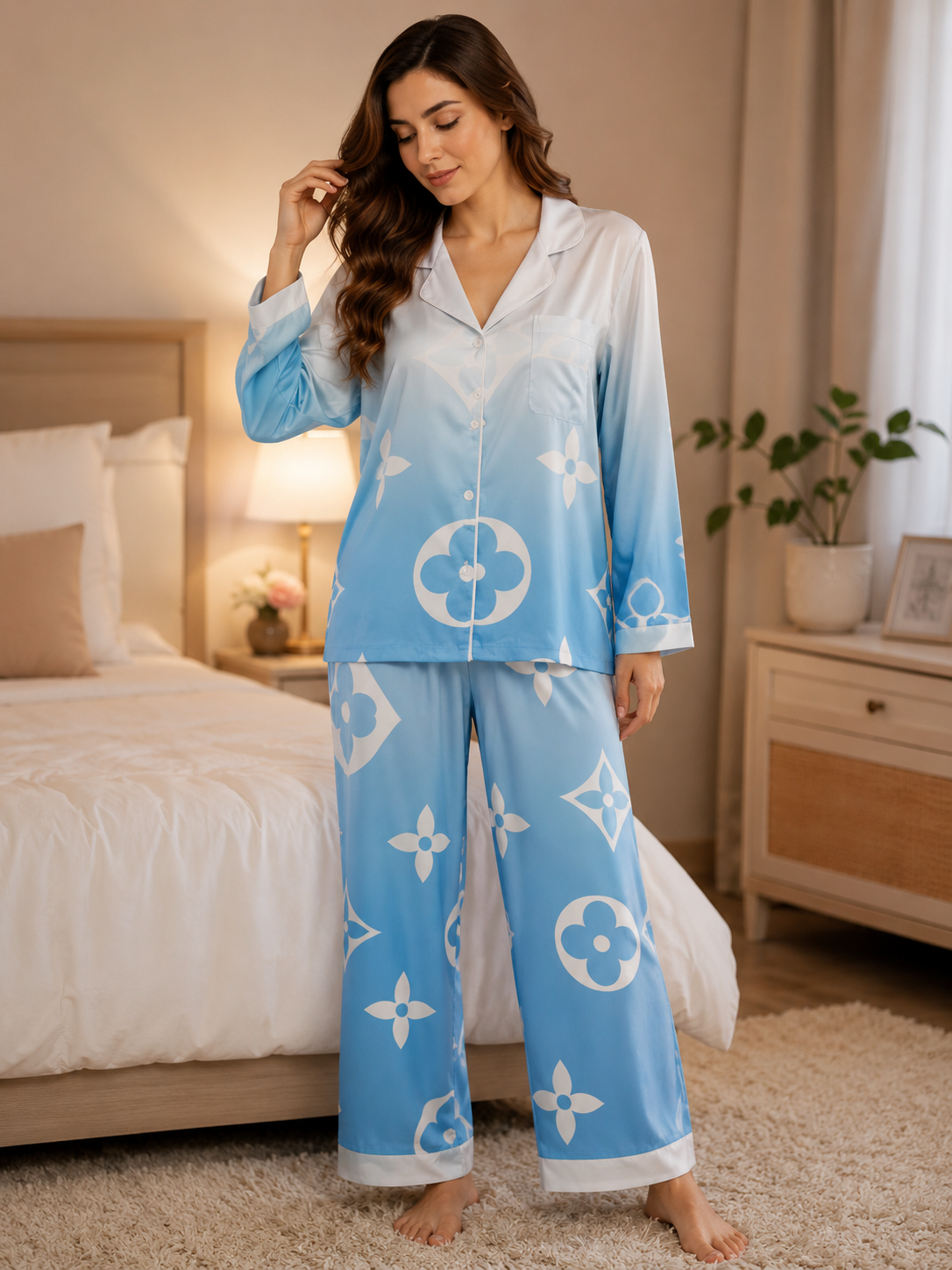 Women’s Blue Floral Satin 2-Piece Pajama Set