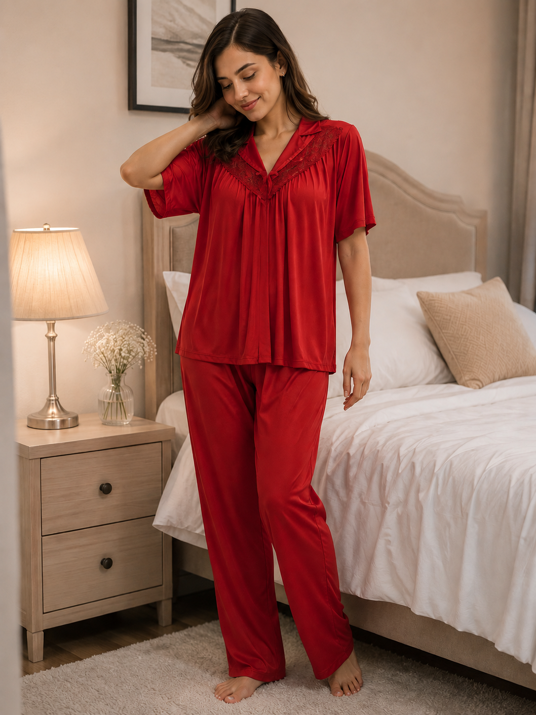 Women’s Red Lace Trim 2-Piece Pajama Set