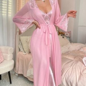 Côtesoire Elegant Satin Lace Long Robe & Dress Sleepwear Set For Women _ SHEIN UK