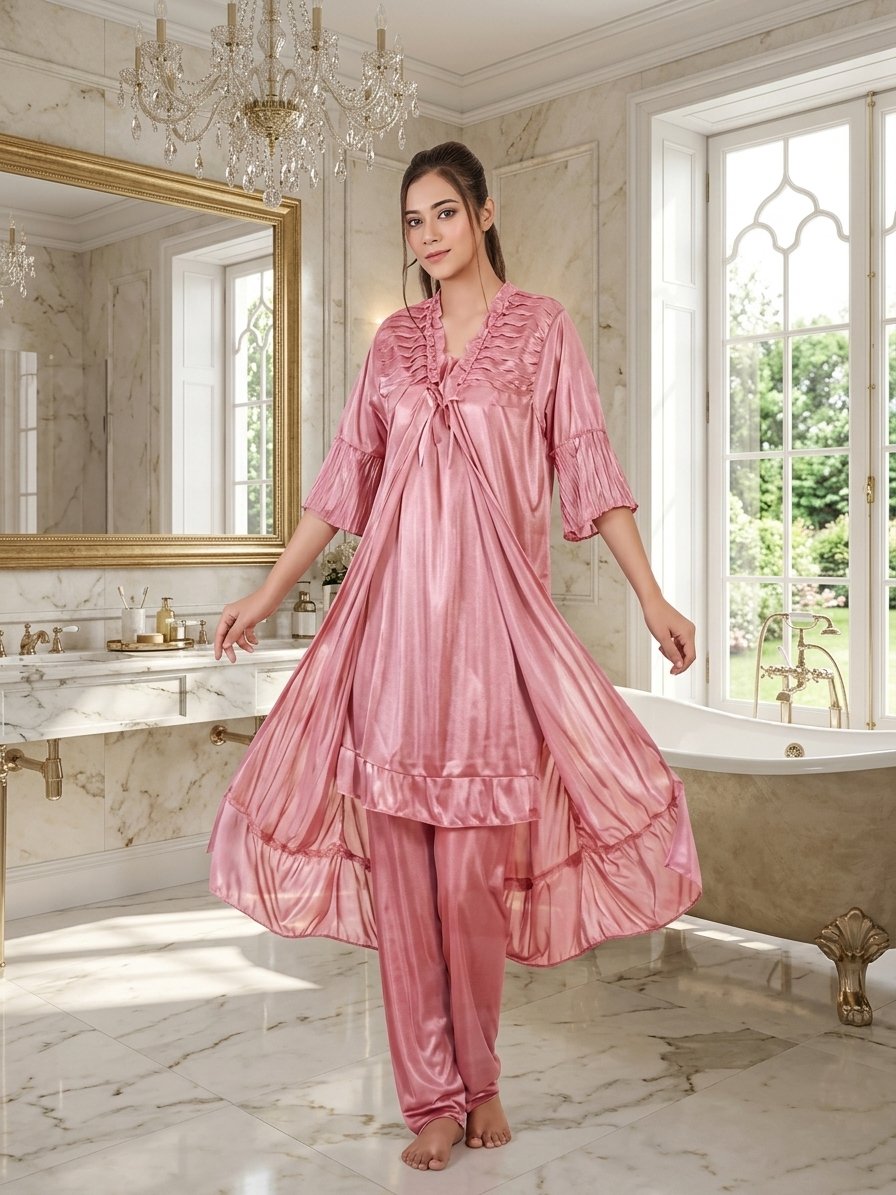 Women's 3-Piece Silk Satin Ruffled Lounge & Nightwear Set