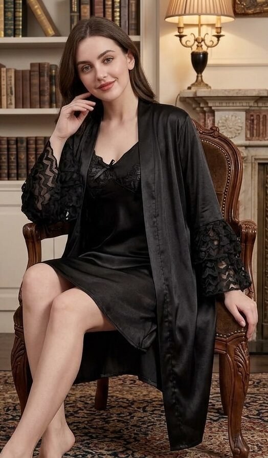 Luxury Satin 3-Piece Night Suit for Women – Elegant Lace Nightwear Set