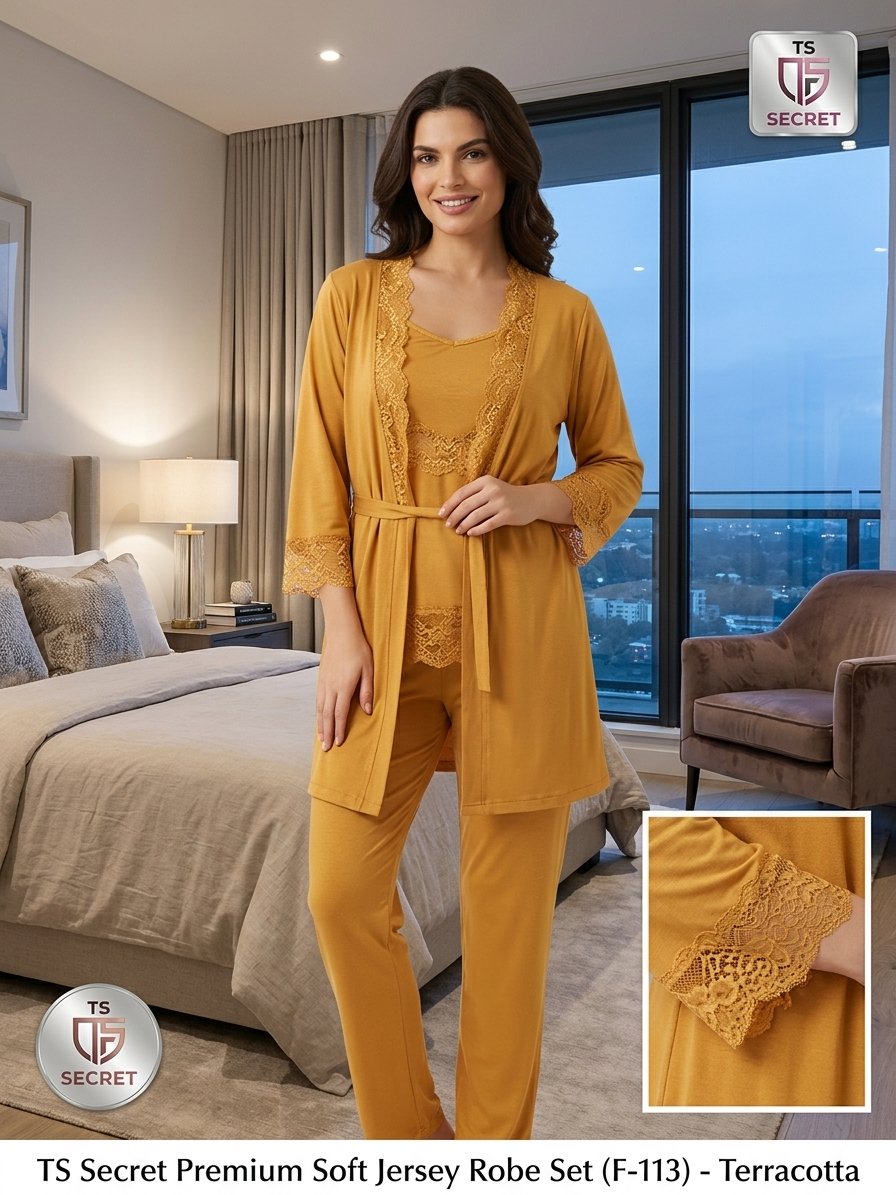 Women's 3-Piece Soft Jersey Nightwear & Lace-Trim Robe Set
