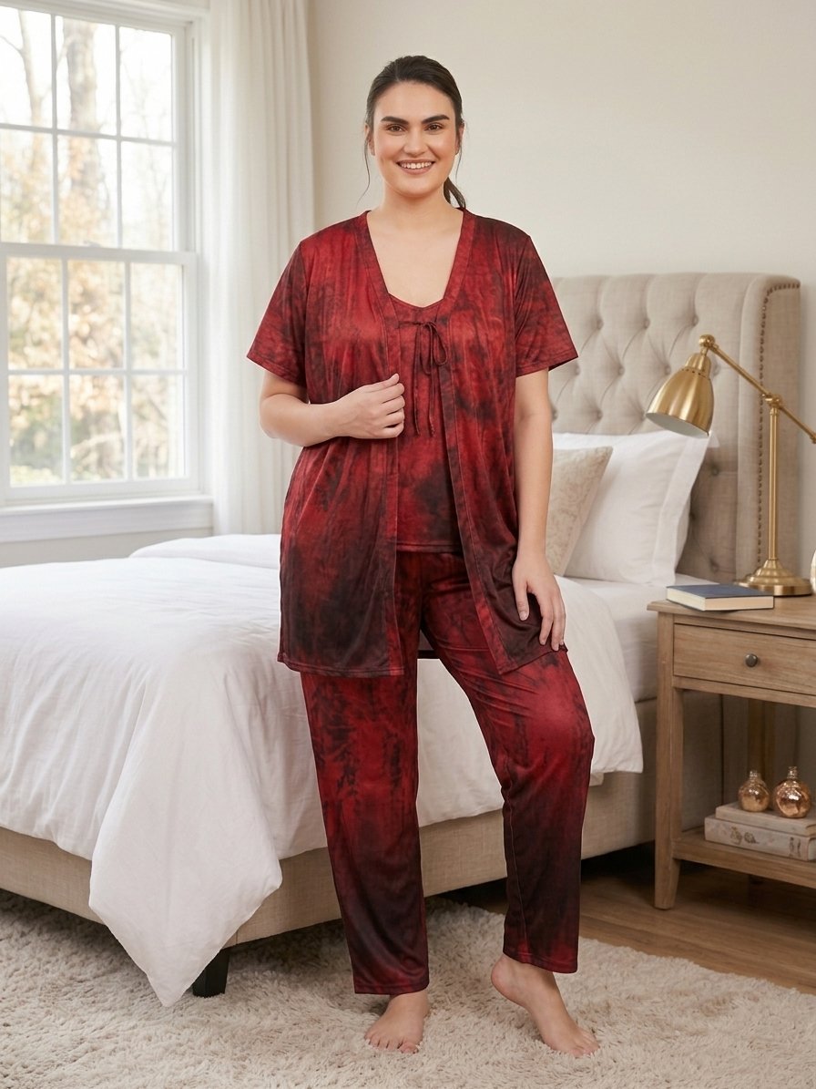 Women's 3-Piece Tie-Dye Satin Bridal Nighty & Robe Lounge Set