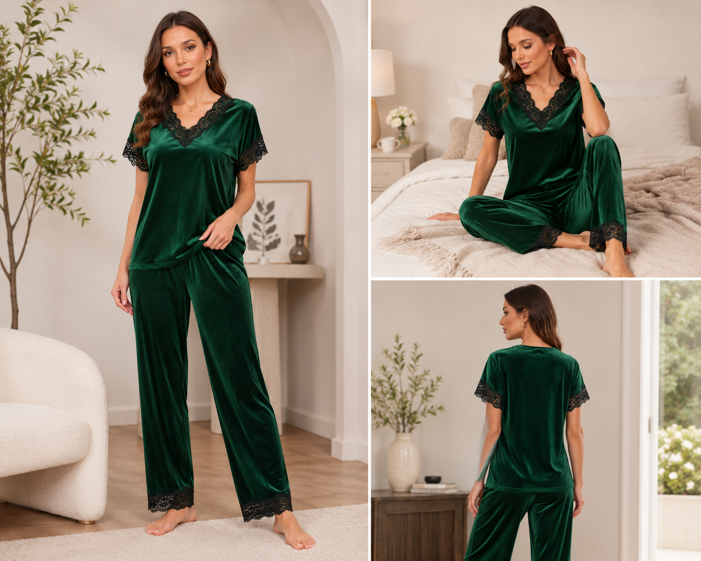 Luxury Black Velvet Lace Pajama Set - Image 4