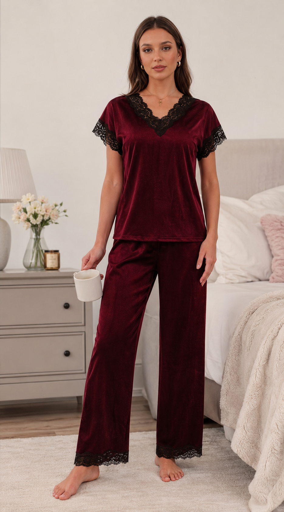Luxury Black Velvet Lace Pajama Set - Image 5