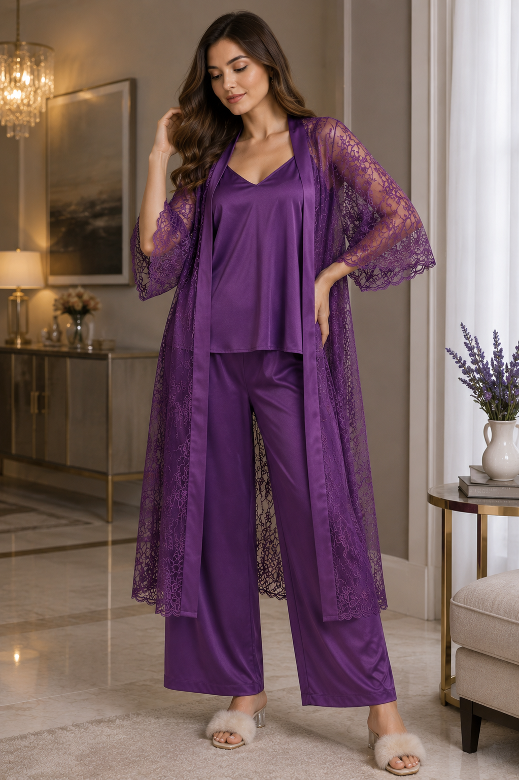 Elegant Satin Lace 3-Piece Lounge Set - Image 5