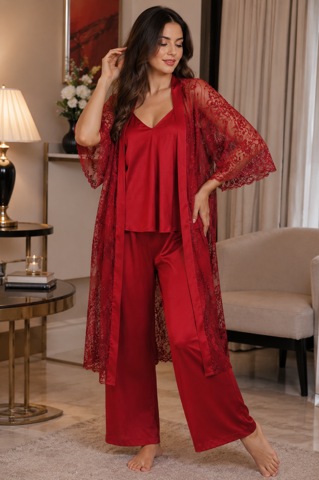 Elegant Satin Lace 3-Piece Lounge Set