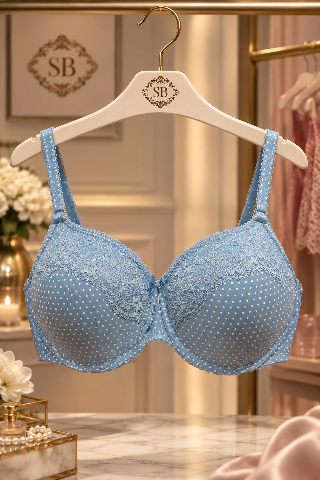 Lace Polka Dot Bra Blue