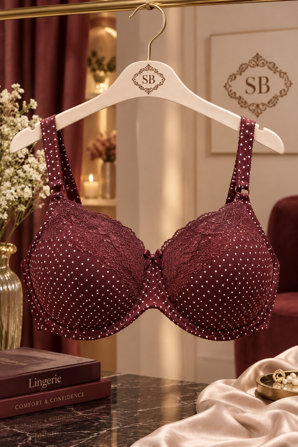 Lace Polka Dot Bra Maroon