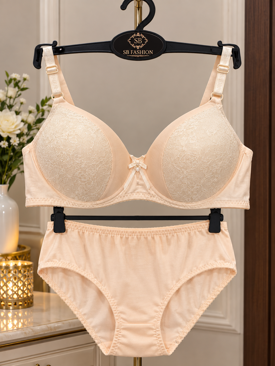 elegant skin-tone lace padded bra and panty set